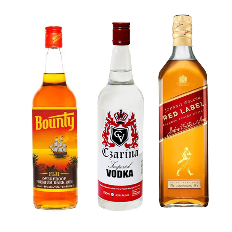 Bounty OP Rum 750ml + Czarina Vodka 750ml + Johnnie Walker Red Label Blended Whisky 700ml