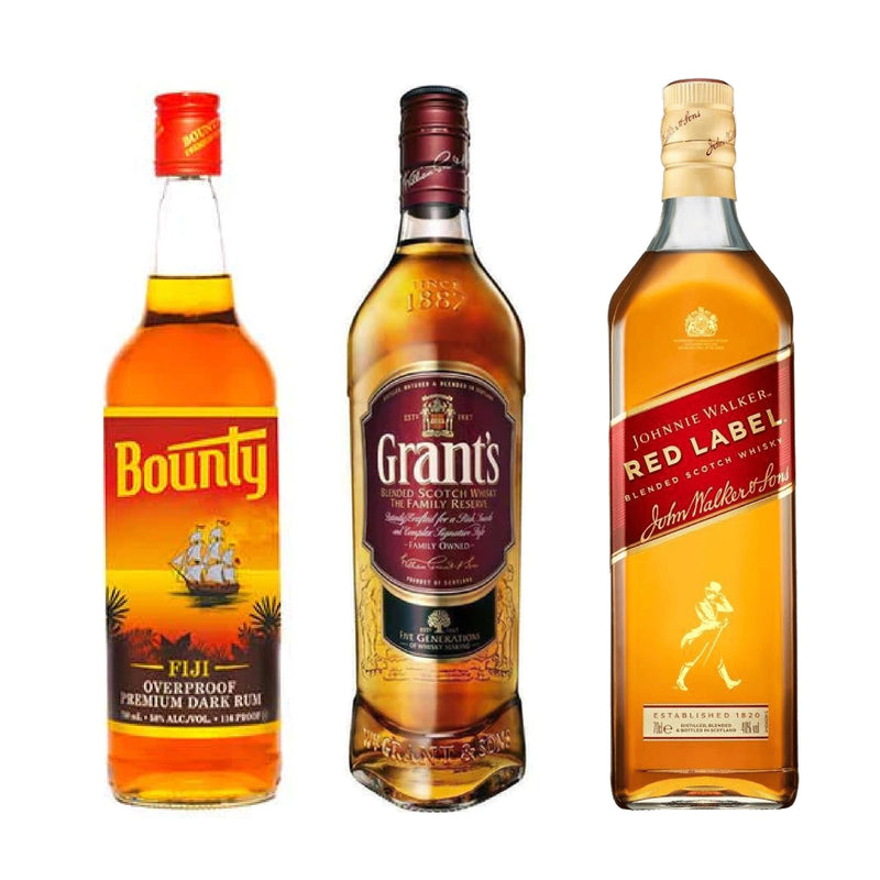 Bounty OP Rum 750ml + Grant's Triple Wood Blended Scotch Whisky 700ml + Johnnie Walker Red Label Blended Whisky 700ml