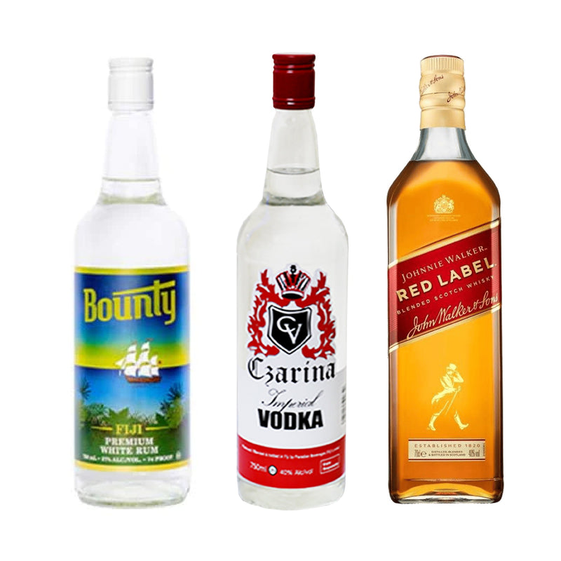 Bounty White Rum 750ml + Czarina Vodka 750ml + Johnnie Walker Red Label Blended Whisky 700ml